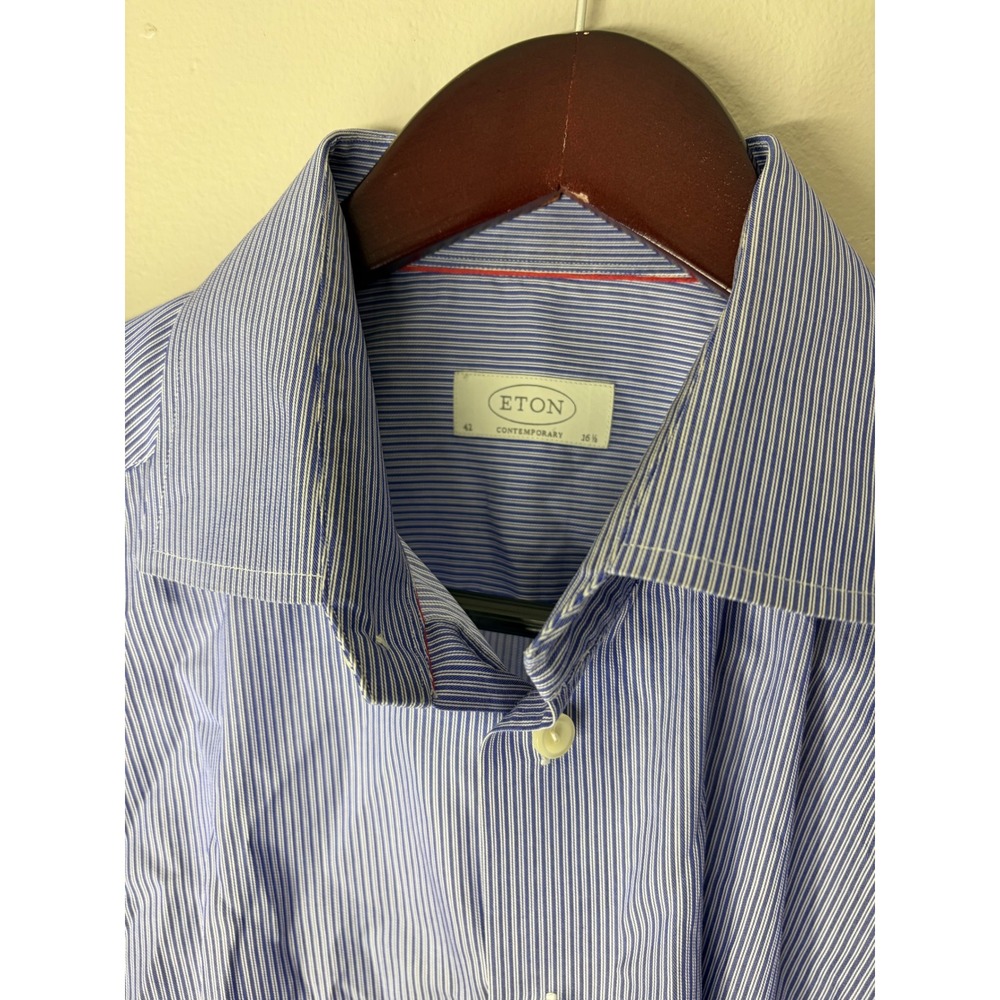 Eton of Sweden Contemporary Fit Blue White Striped Dress Shirt 42 16.5 Mens